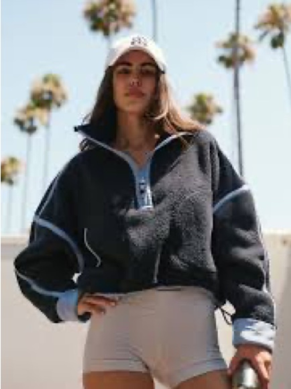 Free People Black Sherpa Half-Zip Jacket with Light Blue Trim